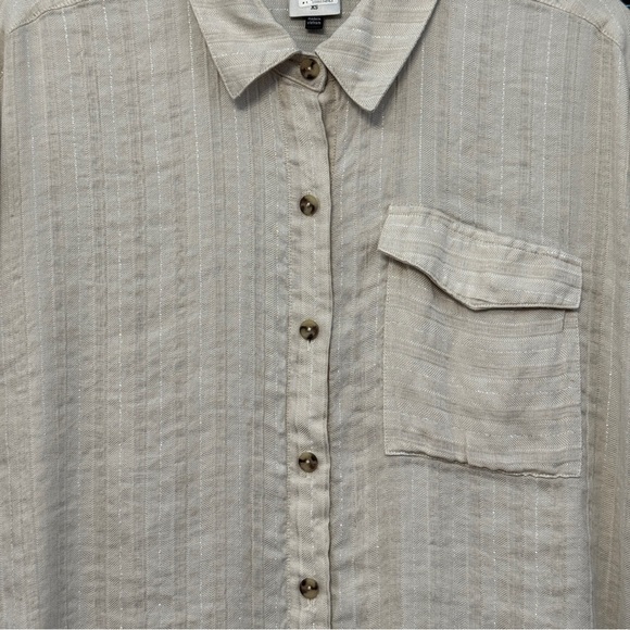 cabi Linen Blend Button Down Shirt XS Beige Striped Side Button Top - Picture 3 of 6